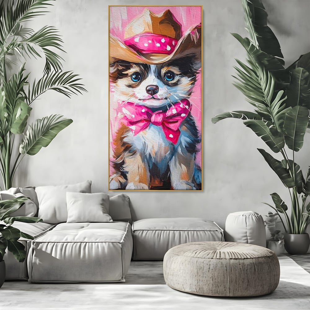 Tablou canvas cu tablou canvas cu catelus cowboy, in rama de aluminiu auriu, pe perete intr-un living